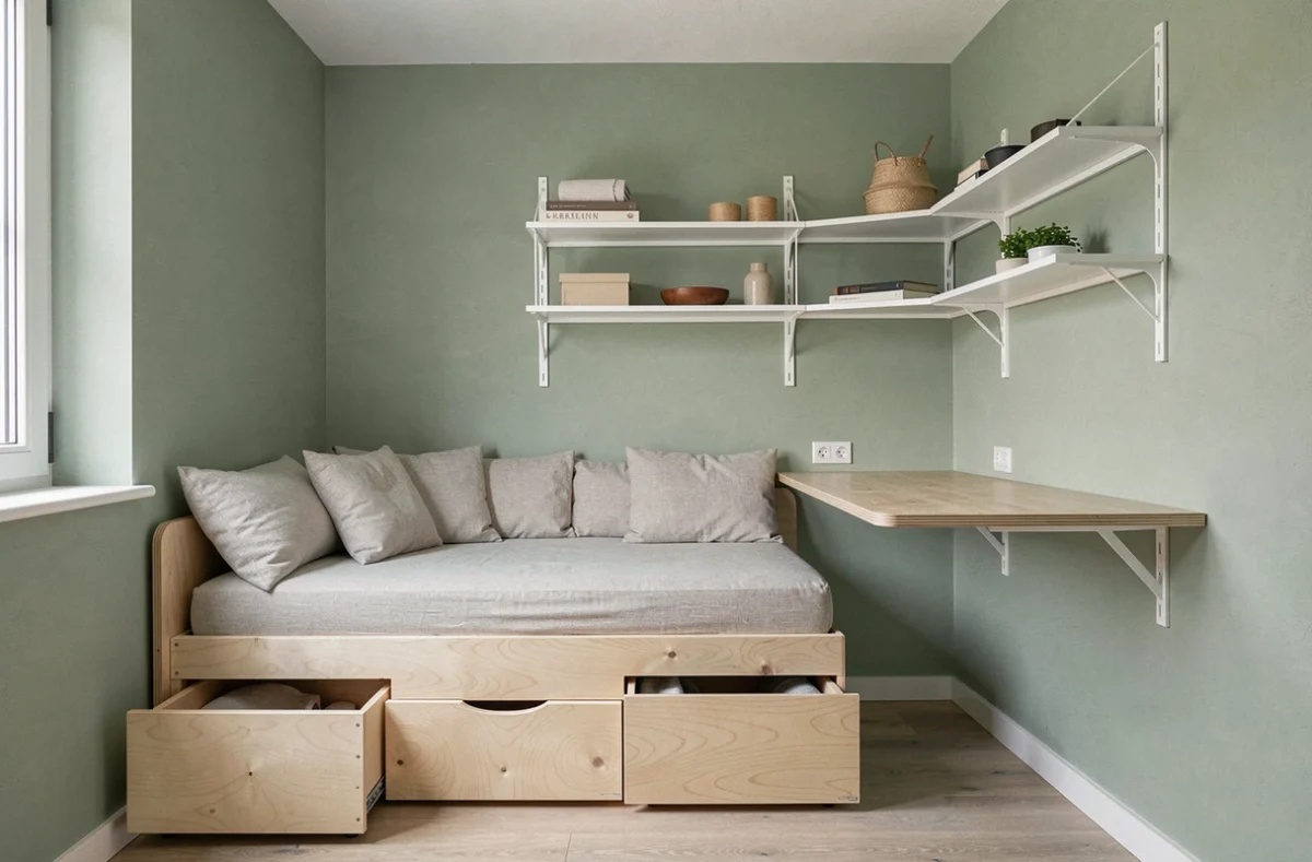 Petit appartement optimisé par Homtimize à Saint-Étienne avec rangements intégrés et bureau escamotable