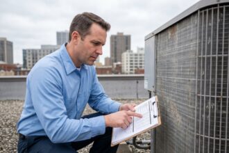 Ingénieur en génie climatique inspectant un aérocondenseur industriel sur un toit plat urbain avec clipboard technique