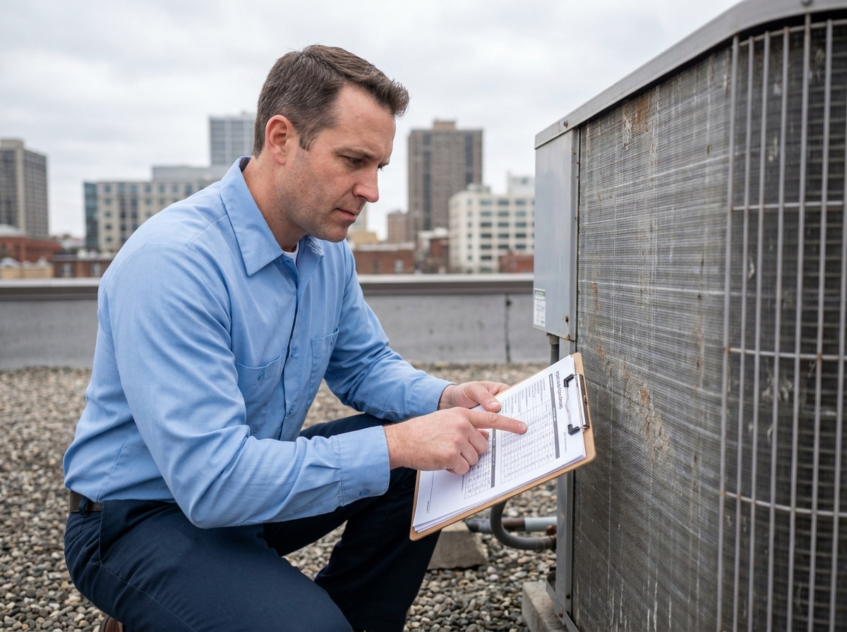 Ingénieur en génie climatique inspectant un aérocondenseur industriel sur un toit plat urbain avec clipboard technique