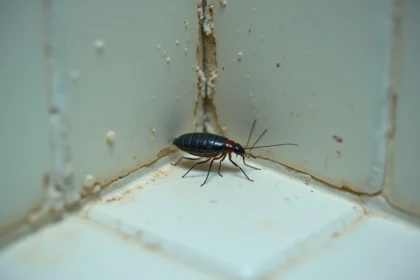 Gros plan d'un poisson d'argent noir rampant sur un carrelage de salle de bain humide avec condensation visible