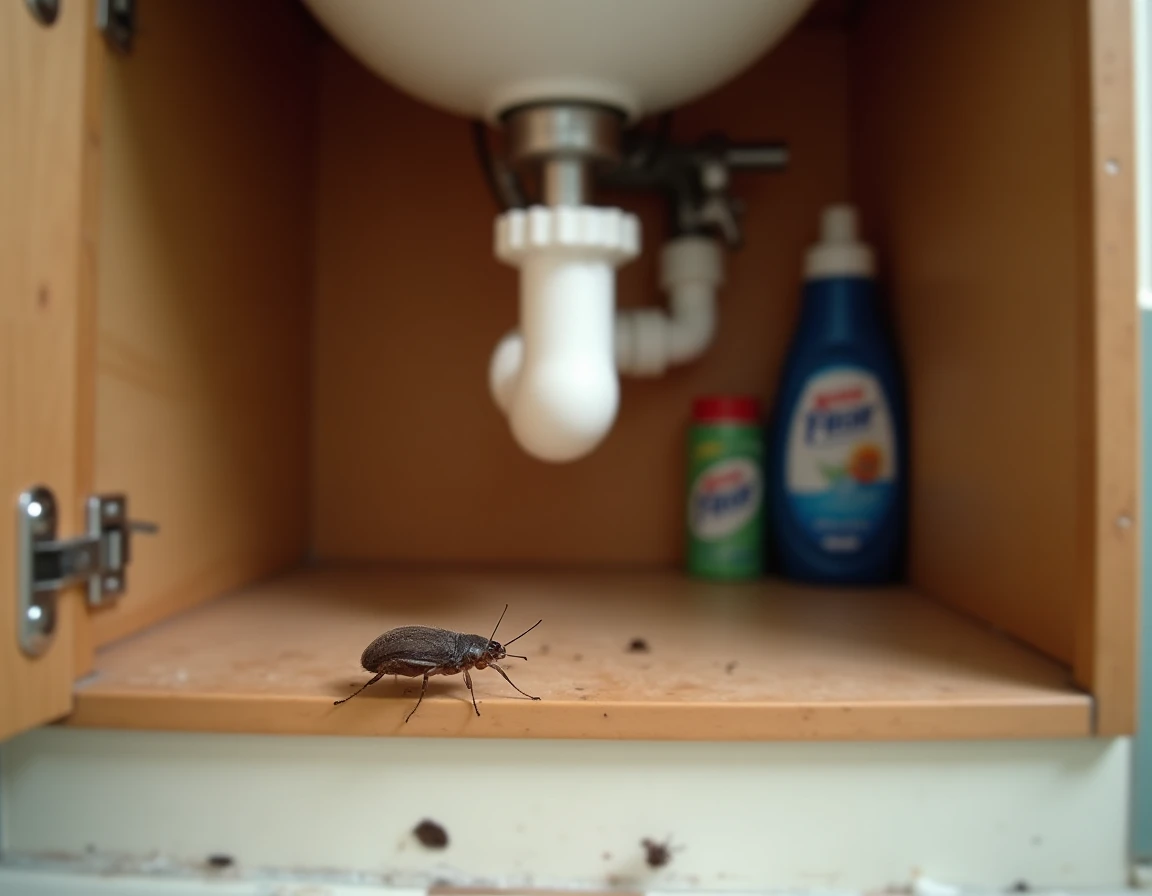 Intérieur de placard sous évier avec petites bêtes marron visibles dans un coin humide