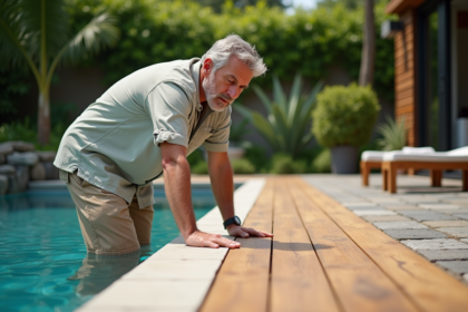 Homme inspectant une terrasse en bois près de la piscine