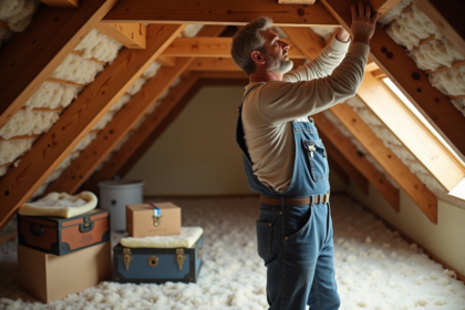 Hommes en overalls posant de l'isolation dans un grenier