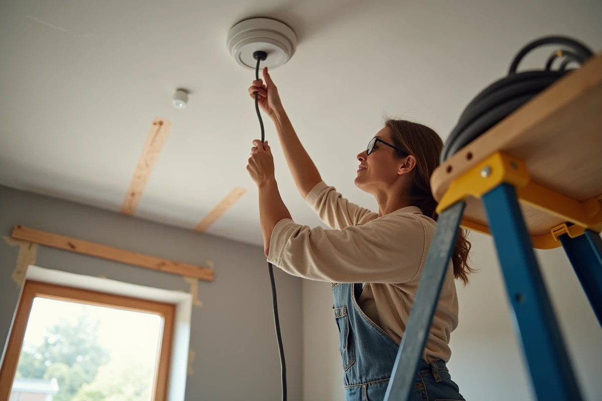 Femme posant un câble électrique au plafond lors d'une installation d'éclairage en rénovation