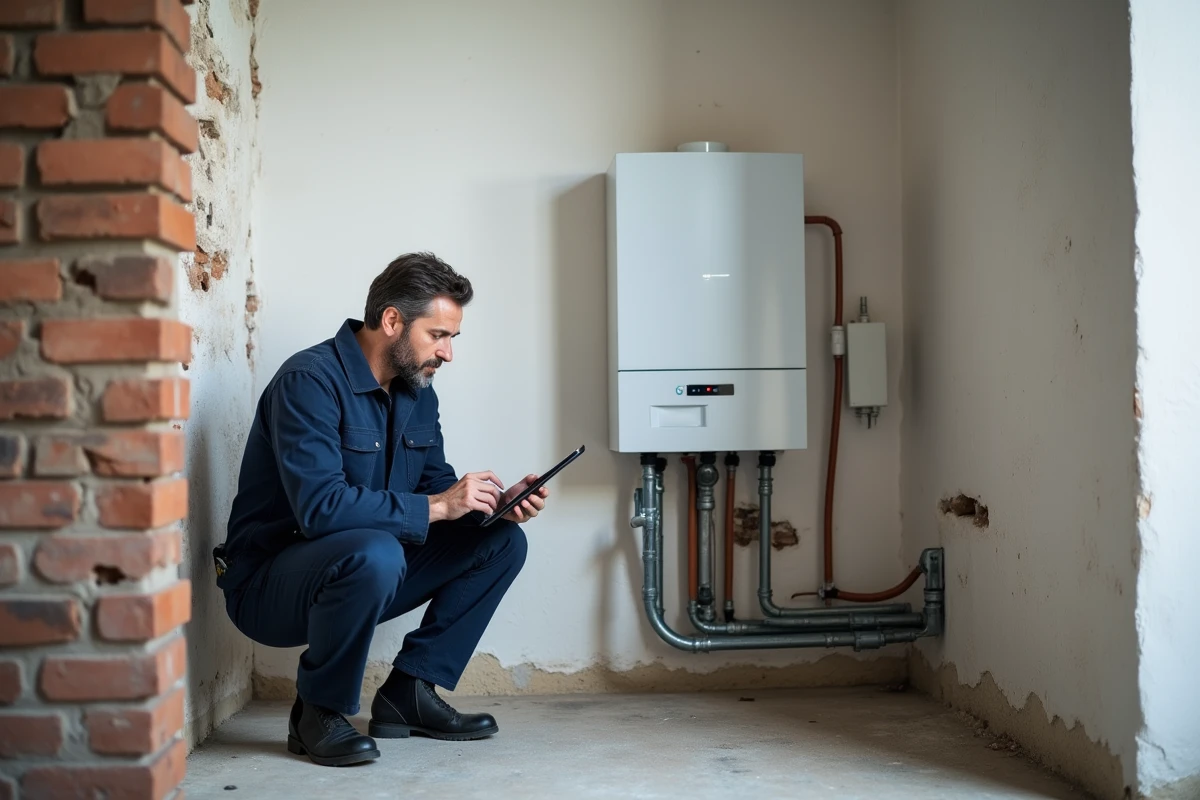 Technicien installant une chaudière électrique pour chauffage central dans une maison mal isolée