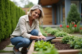 Femme installant un panneau solaire dans un jardin résidentiel écologique pour valoriser son logement