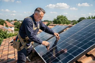 Technicien installant un panneau solaire monocristallin sur un toit de maison individuelle
