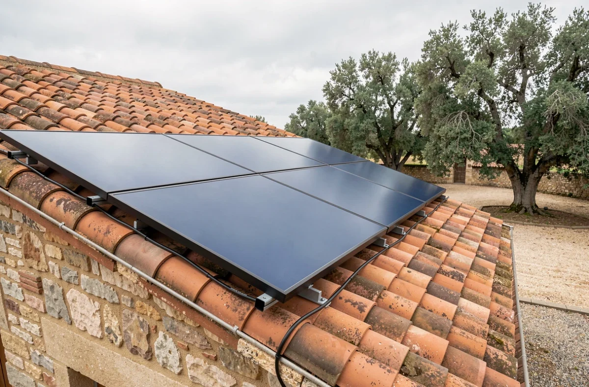 Vue d'ensemble de panneaux solaires installés en rangée sur un toit en tuiles romanes d'une ferme provençale