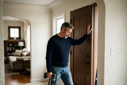 Homme en sweater installant une porte isolante à la maison