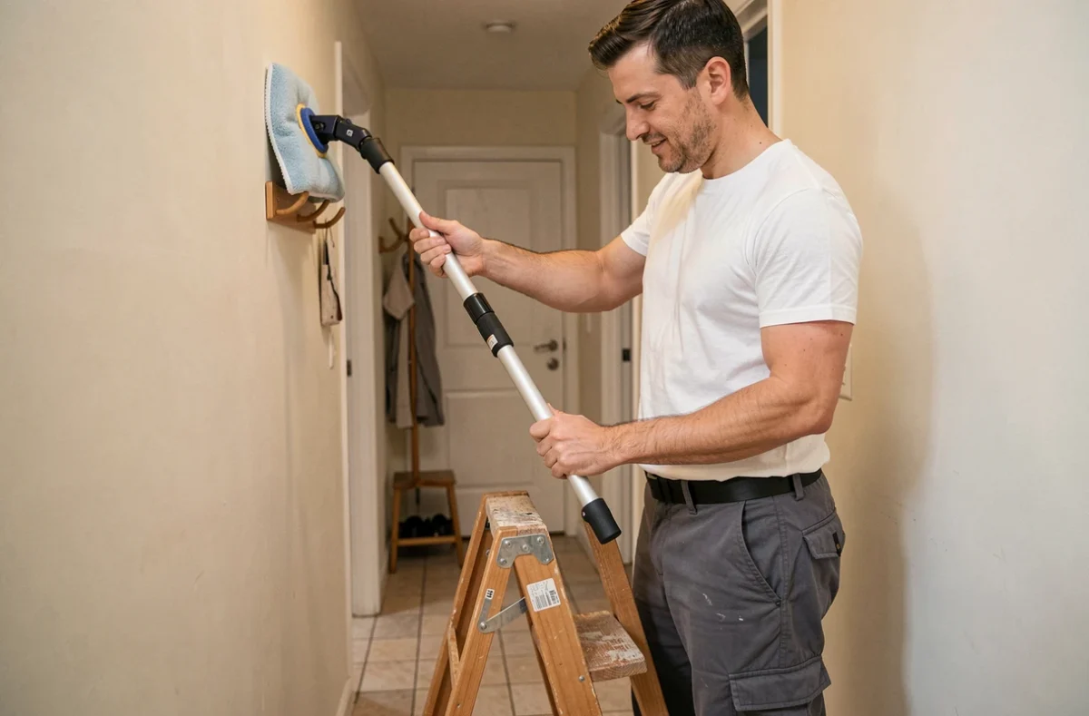 Homme installant une recharge microfibre sur un balai télescopique pour nettoyer le plafond dans un couloir résidentiel