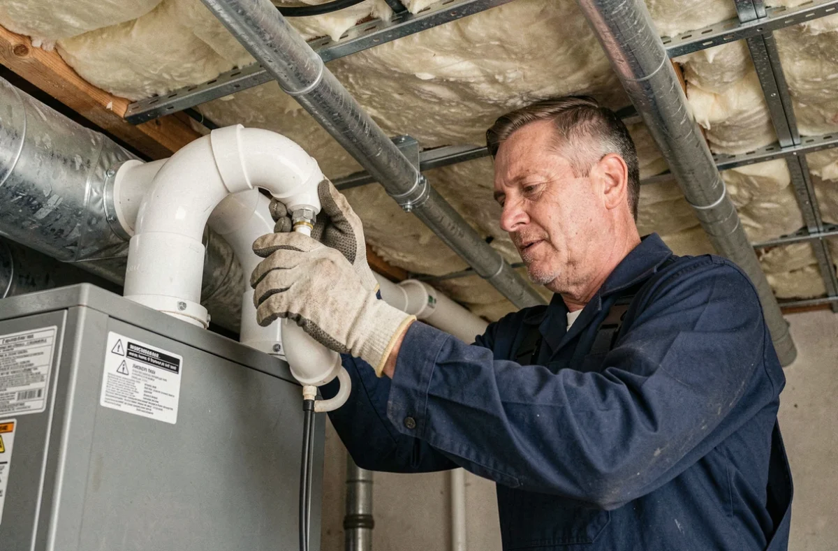 Technicien en train d'installer une pompe à chaleur gainable air-air dans un espace technique sous plafond