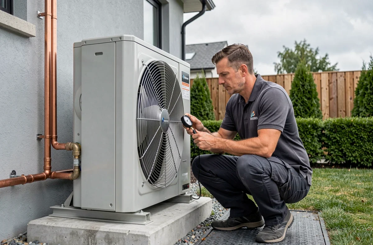 Technicien installant une unité extérieure de pompe à chaleur air-air