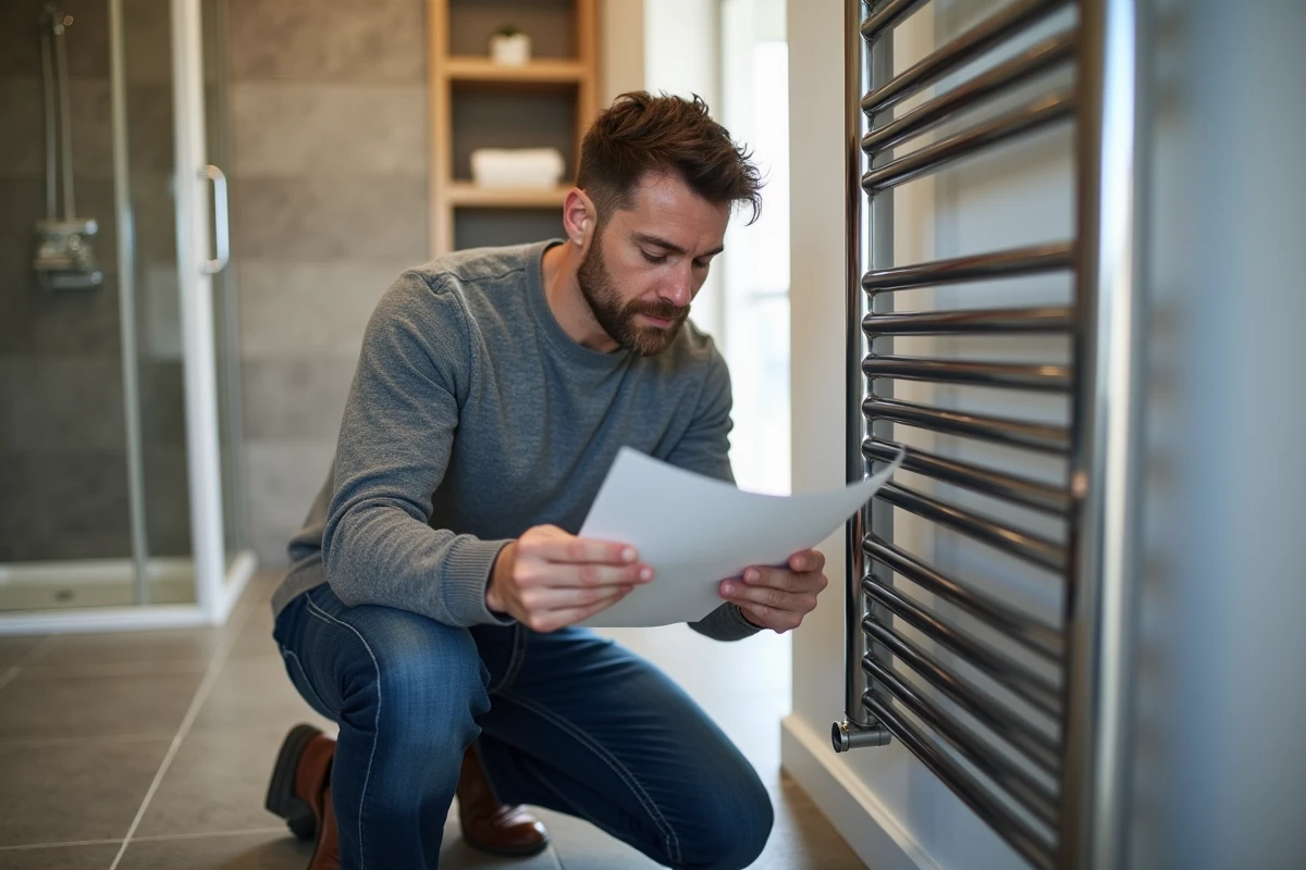 Homme étudie instructions d'installation radiateur salle de bain