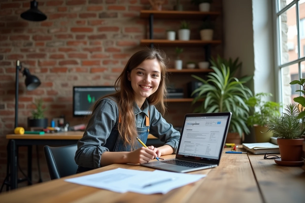 Jeune femme artisan travaillant dans un bureau cosy