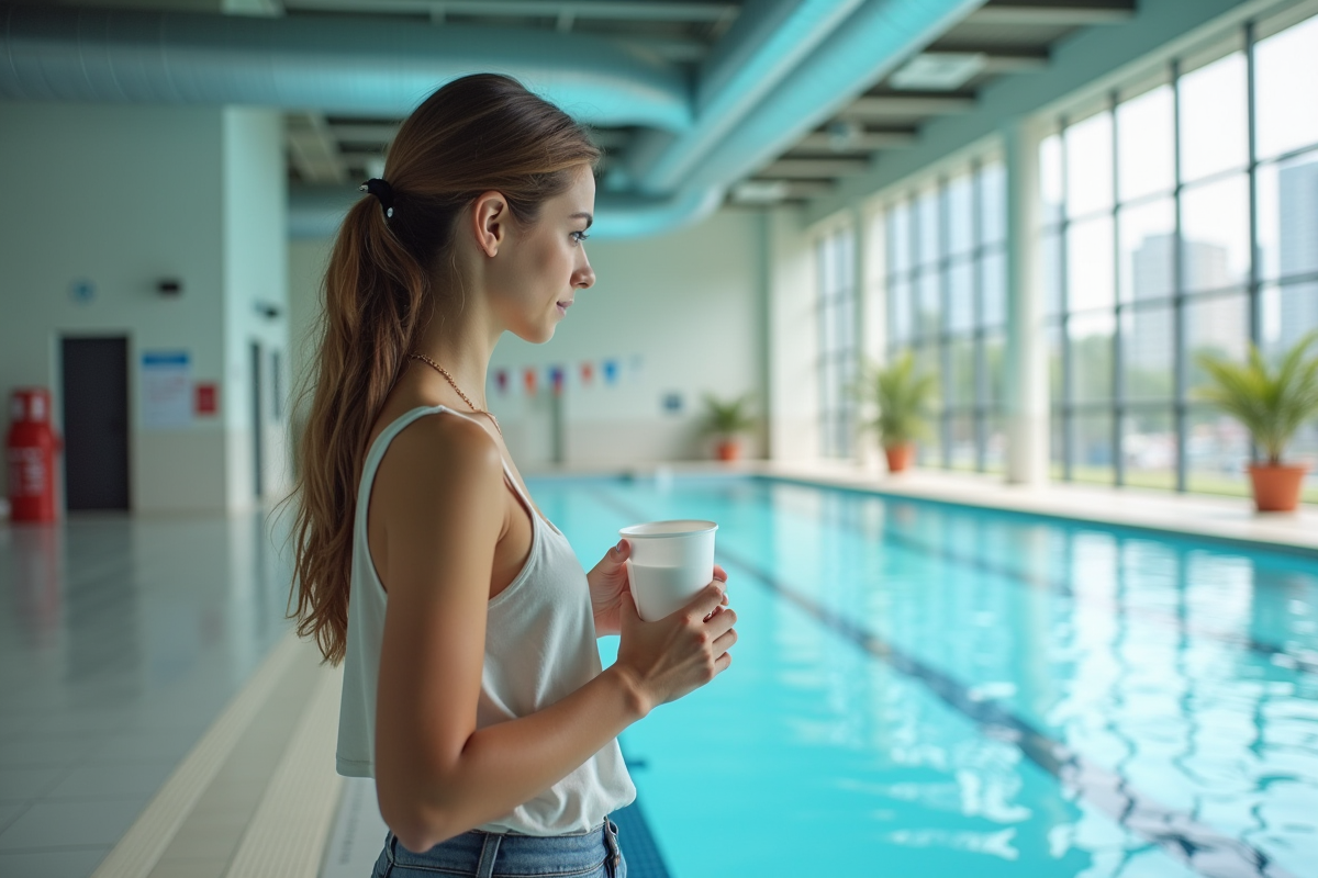 Jeune femme mesure du chlore dans une piscine intérieure