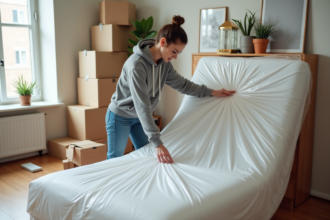 Jeune femme emballant un matelas dans un salon lumineux