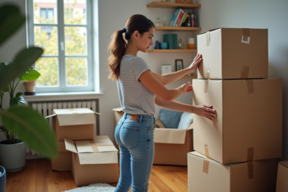 Jeune femme emballant une boîte dans un appartement en transition