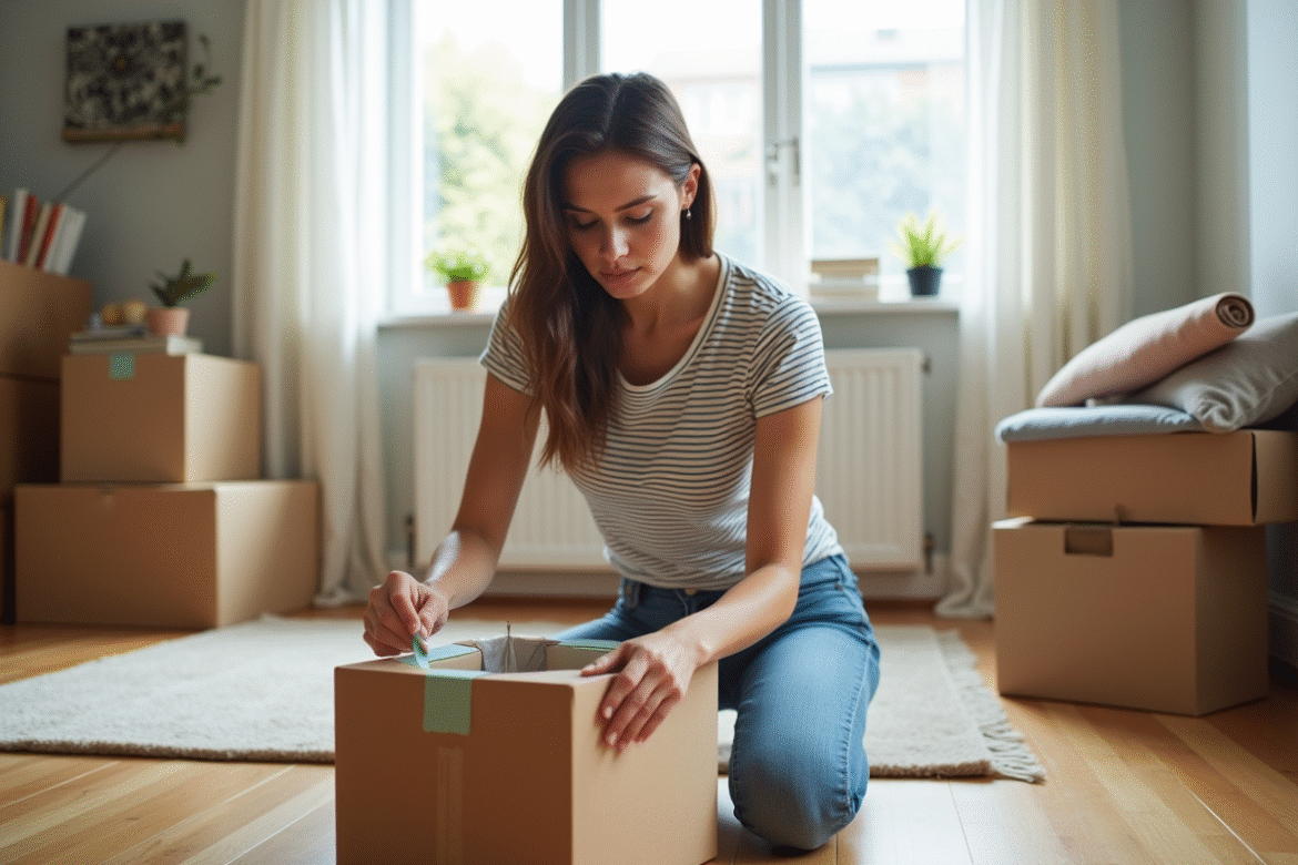Jeune femme emballant une boxe en carton dans un salon lumineux