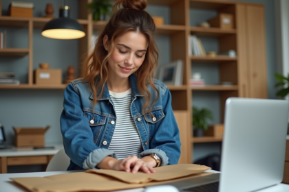 Jeune femme en train d'envoyer un colis dans un bureau moderne