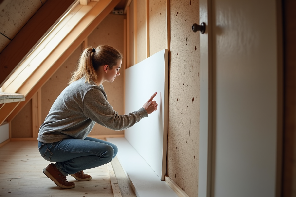 Jeune femme inspectant une paroi isolée dans un grenier