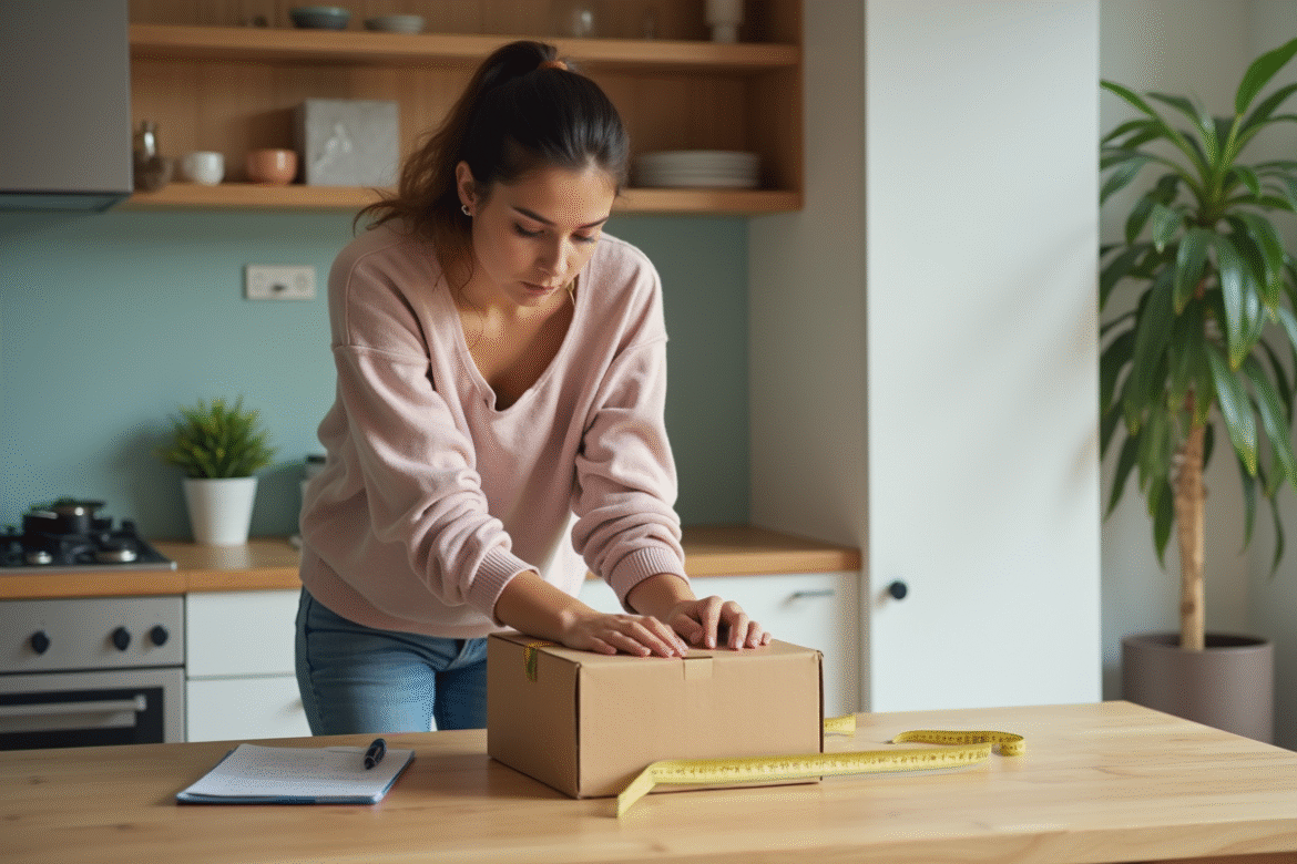 Jeune femme mesure un carton dans une cuisine lumineuse