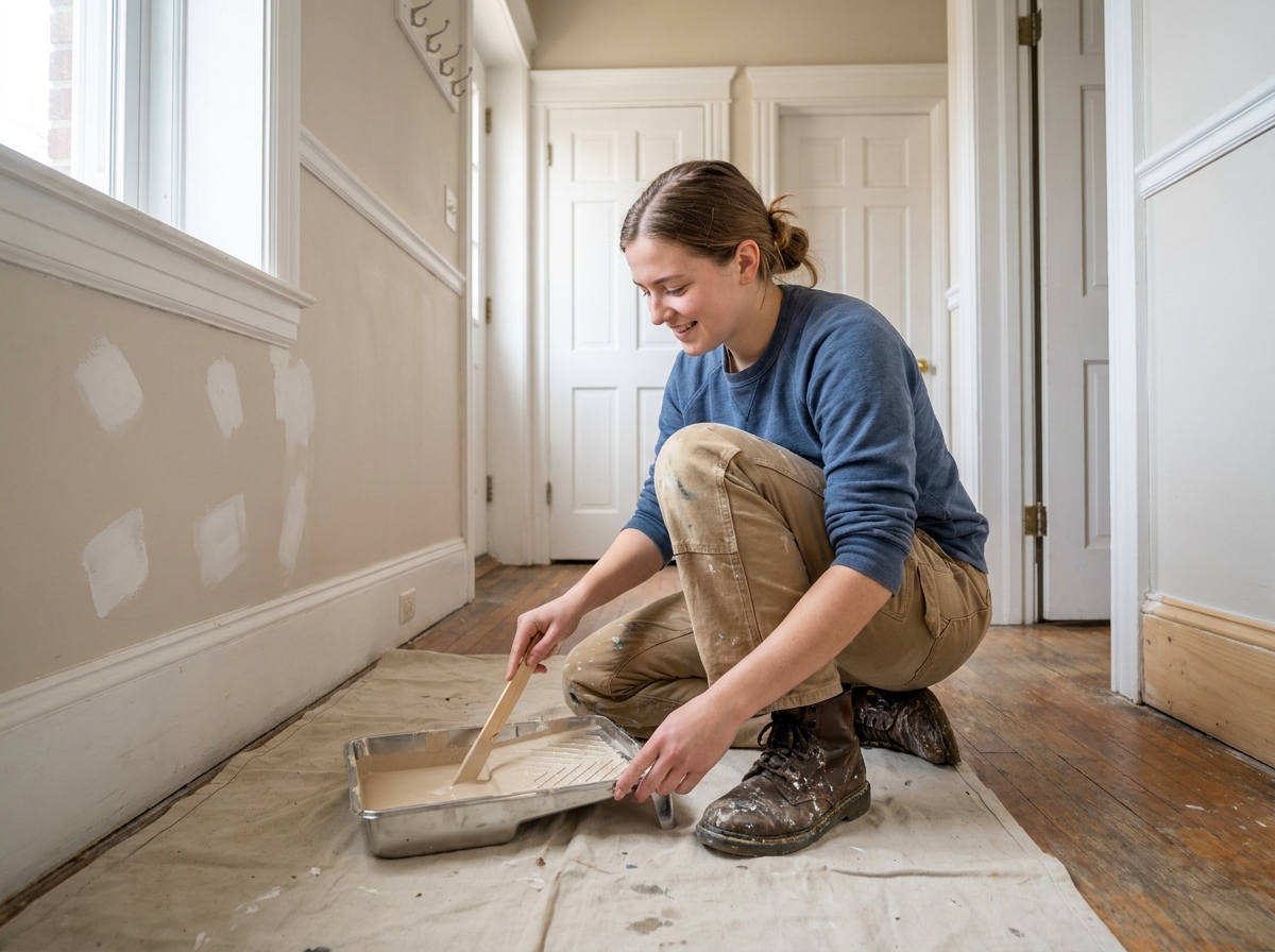 Jeune femme peintre préparant la peinture dans un couloir lumineux