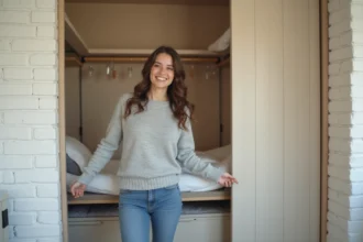 Jeune femme plie un lit escamotable dans une chambre lumineuse