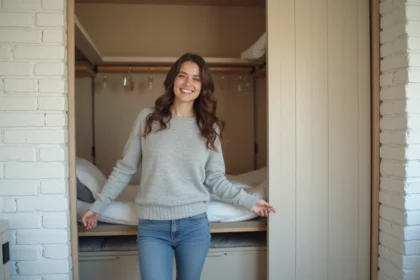 Jeune femme plie un lit escamotable dans une chambre lumineuse
