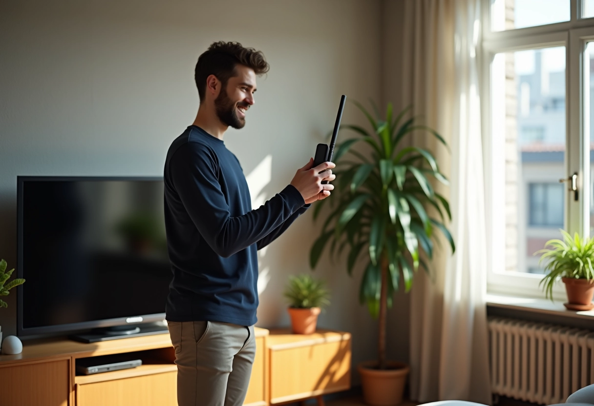 Jeune homme tenant une antenne TV dans un appartement lumineux