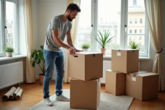 Jeune homme en train de fermer une caisse de déménagement dans un salon lumineux