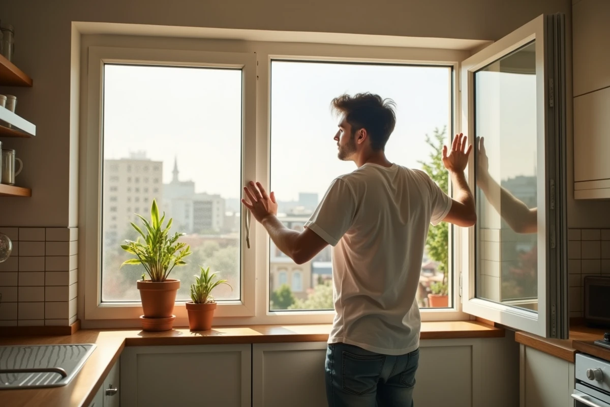 Jeune homme ouvrant une fenêtre dans une cuisine lumineuse