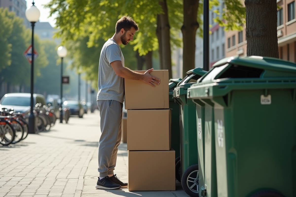 Jeune homme empilant des cartons près d