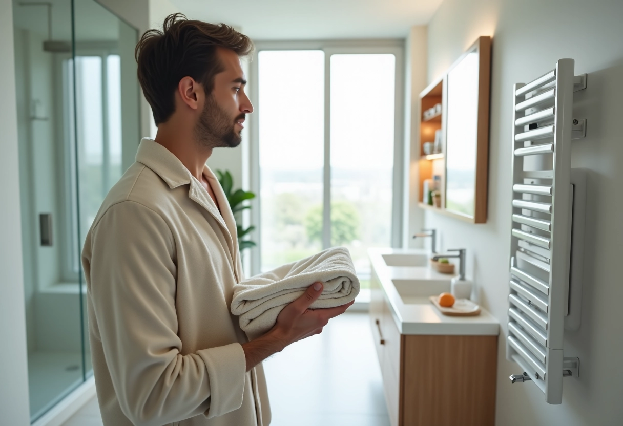 Jeune homme tenant une serviette près d un sèche-serviettes