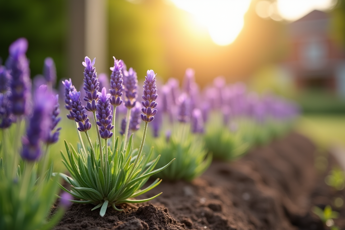 Jeunes plants de lavande dans un jardin ensoleille