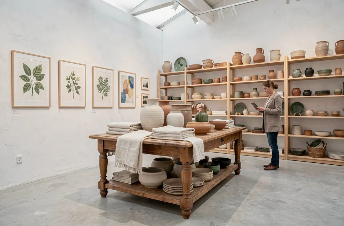 Galerie de décoration La Belle Histoire à Saint-Étienne avec objets artisanaux et tableaux sélectionnés