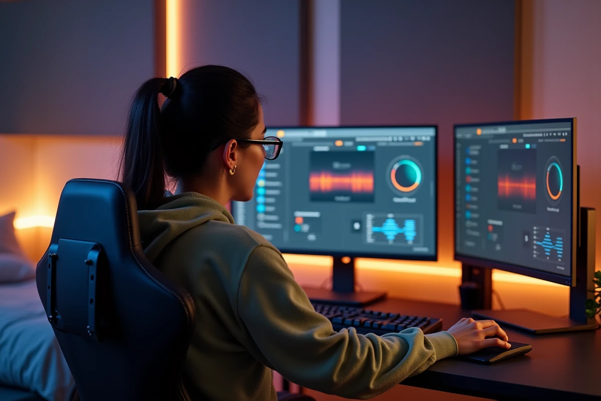 Femme portant des lunettes anti-lumière bleue devant un double écran PC avec réglages de couleur chauds pour protéger les yeux