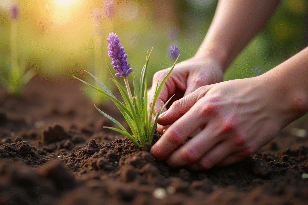 Mains plantant délicatement de la lavande dans la terre