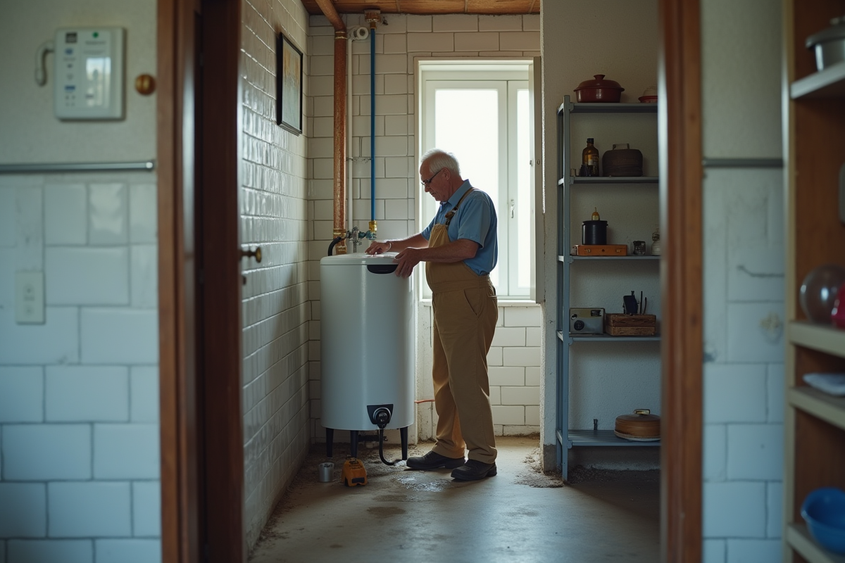 Homme âgé inspectant un chauffe-eau solaire défectueux