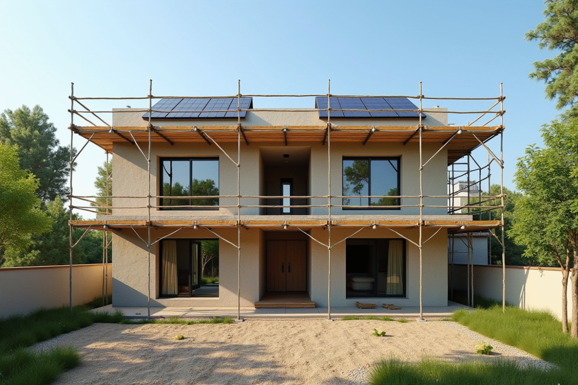Maison écologique en construction avec murs en terre compressée