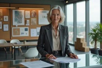 Dirigeante de Maison Éthier dans son bureau design au sommet de sa réussite commerciale