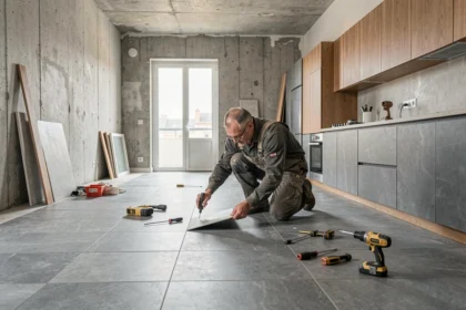 Carreleur professionnel posant du carrelage grand format dans une cuisine en rénovation dans le Rhône