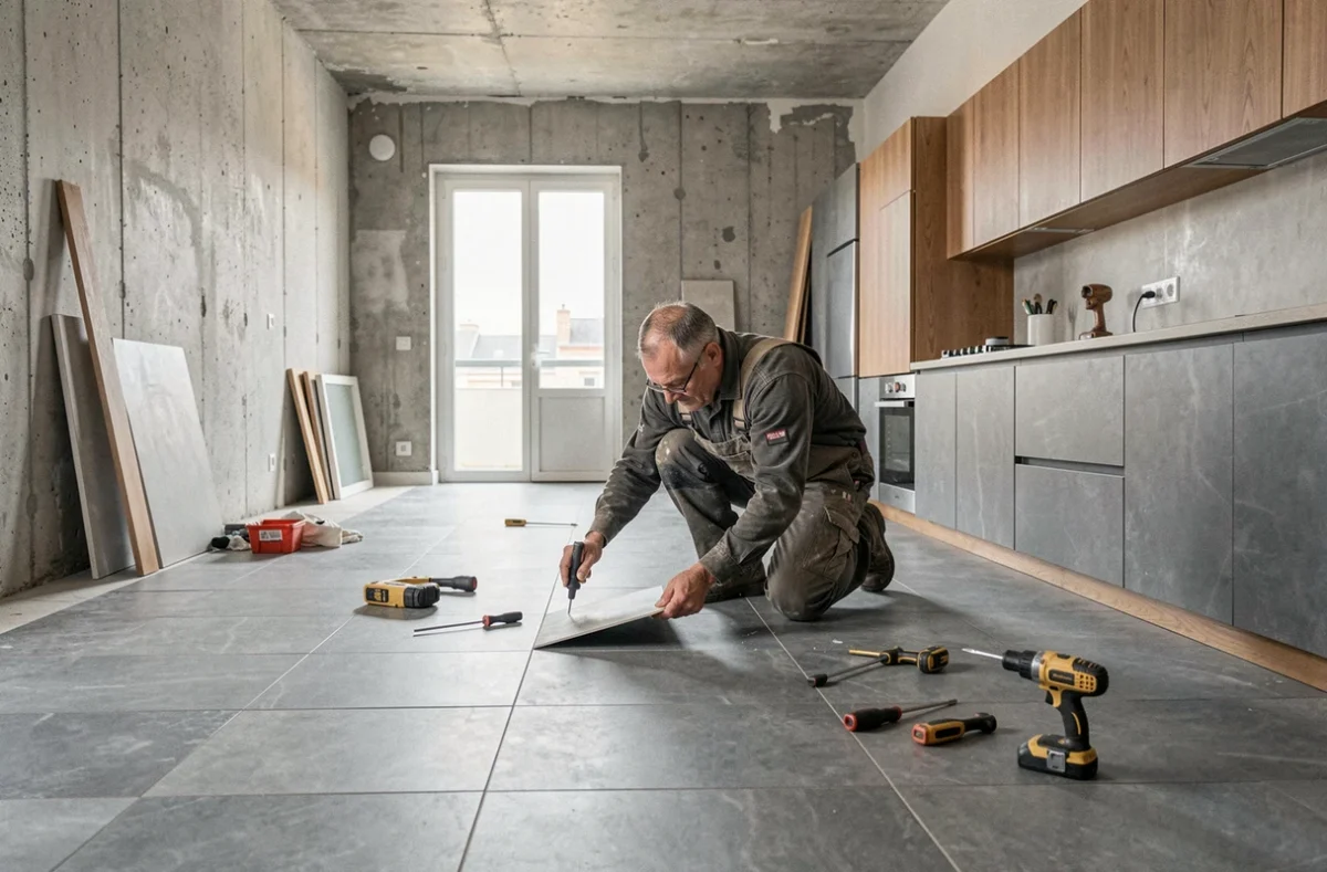 Carreleur professionnel posant du carrelage grand format dans une cuisine en rénovation dans le Rhône