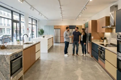Showroom de cuisinistes à Lyon avec plusieurs modèles de cuisines modernes exposés
