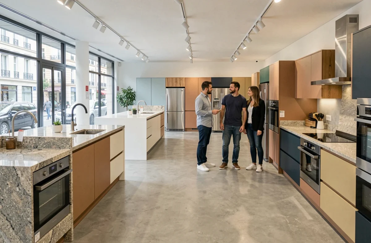 Showroom de cuisinistes à Lyon avec plusieurs modèles de cuisines modernes exposés