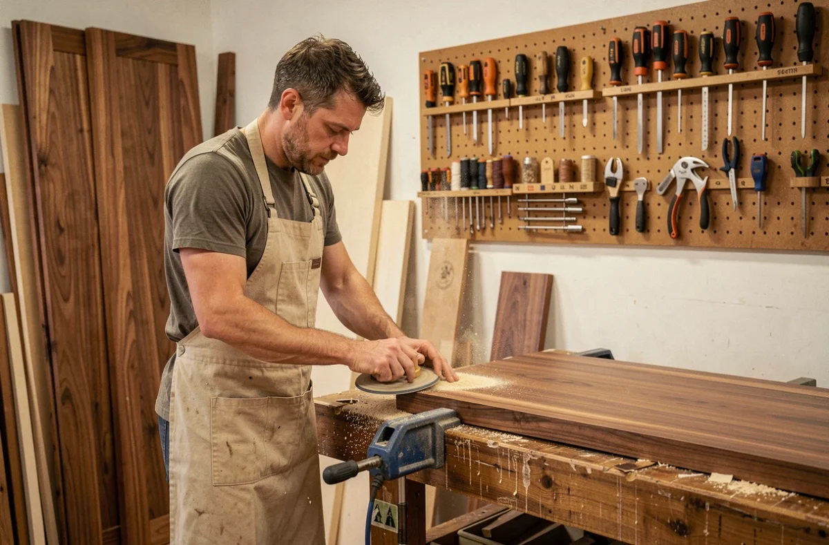 Artisan de la Menuiserie Clément à Unieux fabriquant un meuble sur mesure en noyer dans son atelier