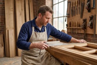 Menuisier professionnel mesurant un cadre de fenêtre en bois dans un atelier de menuiserie à Lyon