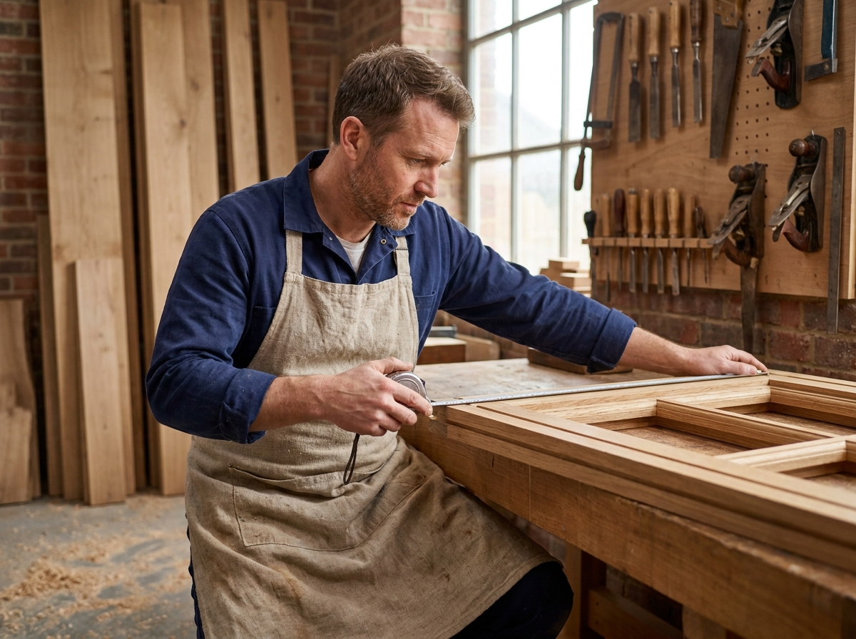 Menuisier professionnel mesurant un cadre de fenêtre en bois dans un atelier de menuiserie à Lyon