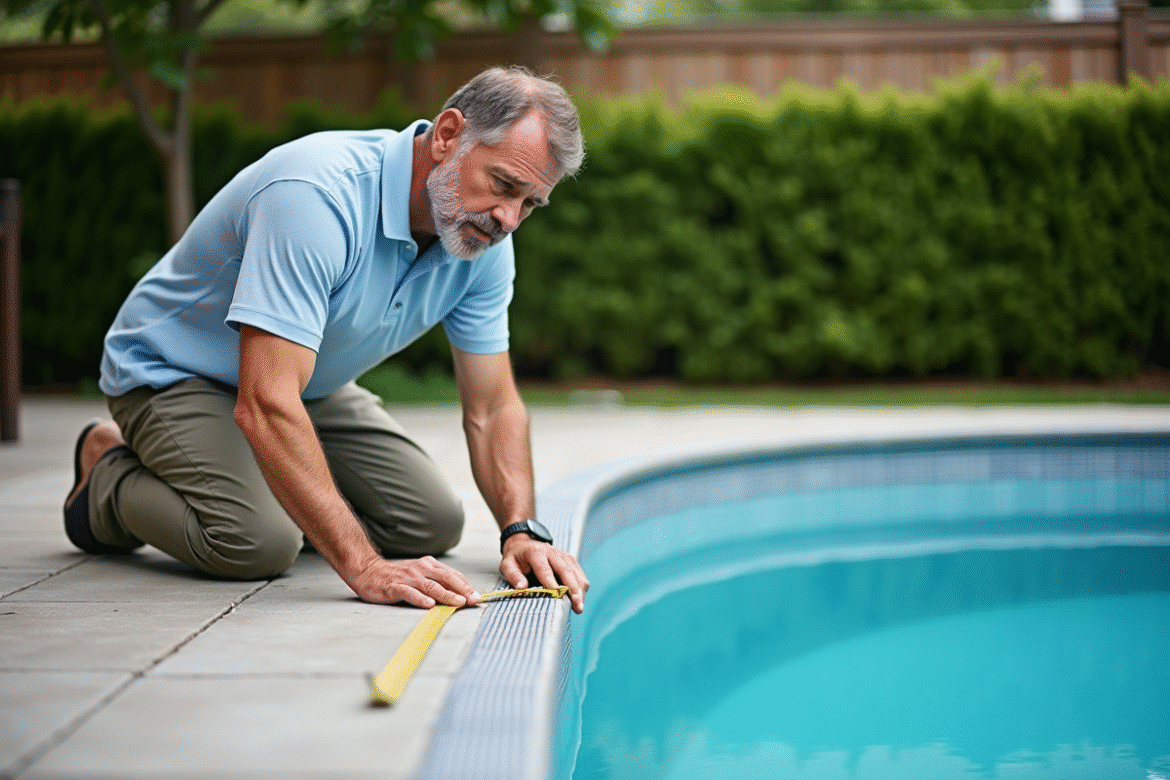 Homme mesurant une piscine dans un jardin résidentiel