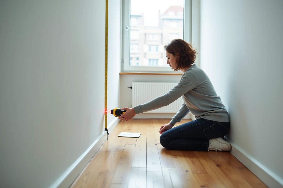 Femme mesurant la superficie d'une pièce vide avec un télémètre laser dans un appartement