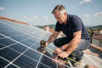 Ingénieur mesurant la surface de panneaux solaires sur un toit de maison individuelle en France